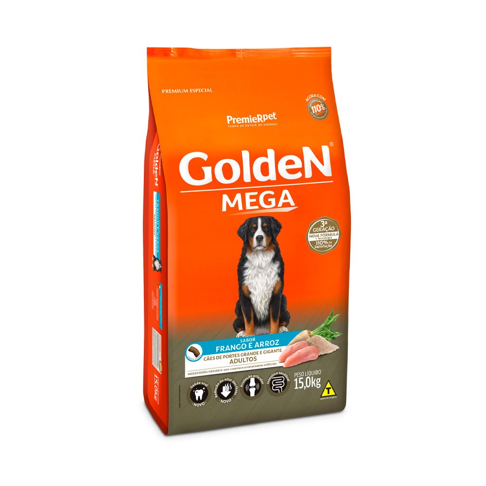 Ração Golden Mega para Cães Adultos de Porte Grande e Gigante Frango e Arroz, 15kg
