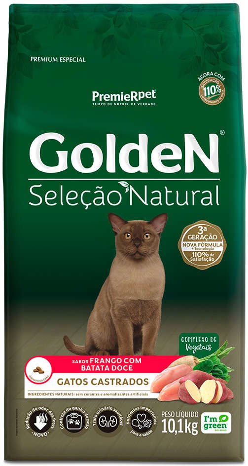 Ração Golden Seleção Natural Gatos Adultos Castrados Batata Doce, 10,1kg
