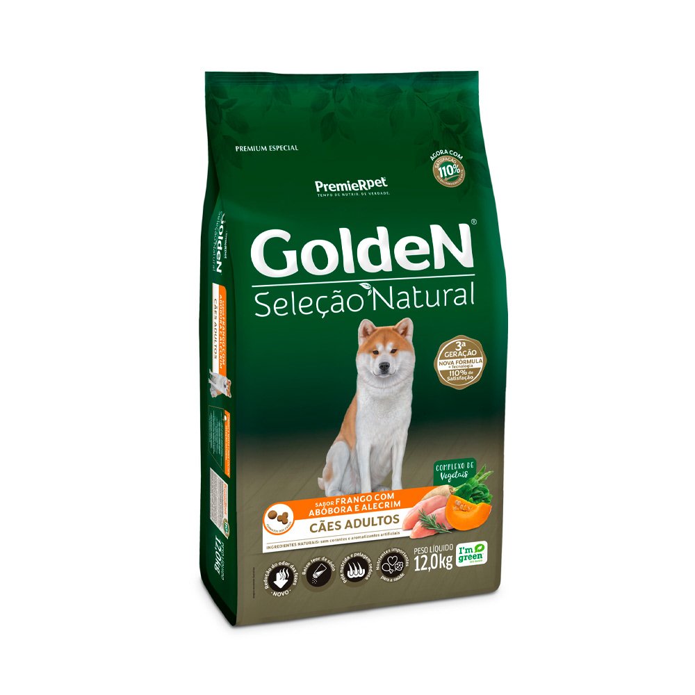 Ração Golden Seleção Natural para Cães Adultos Frango, Abóbora e Alecrim, 12kg