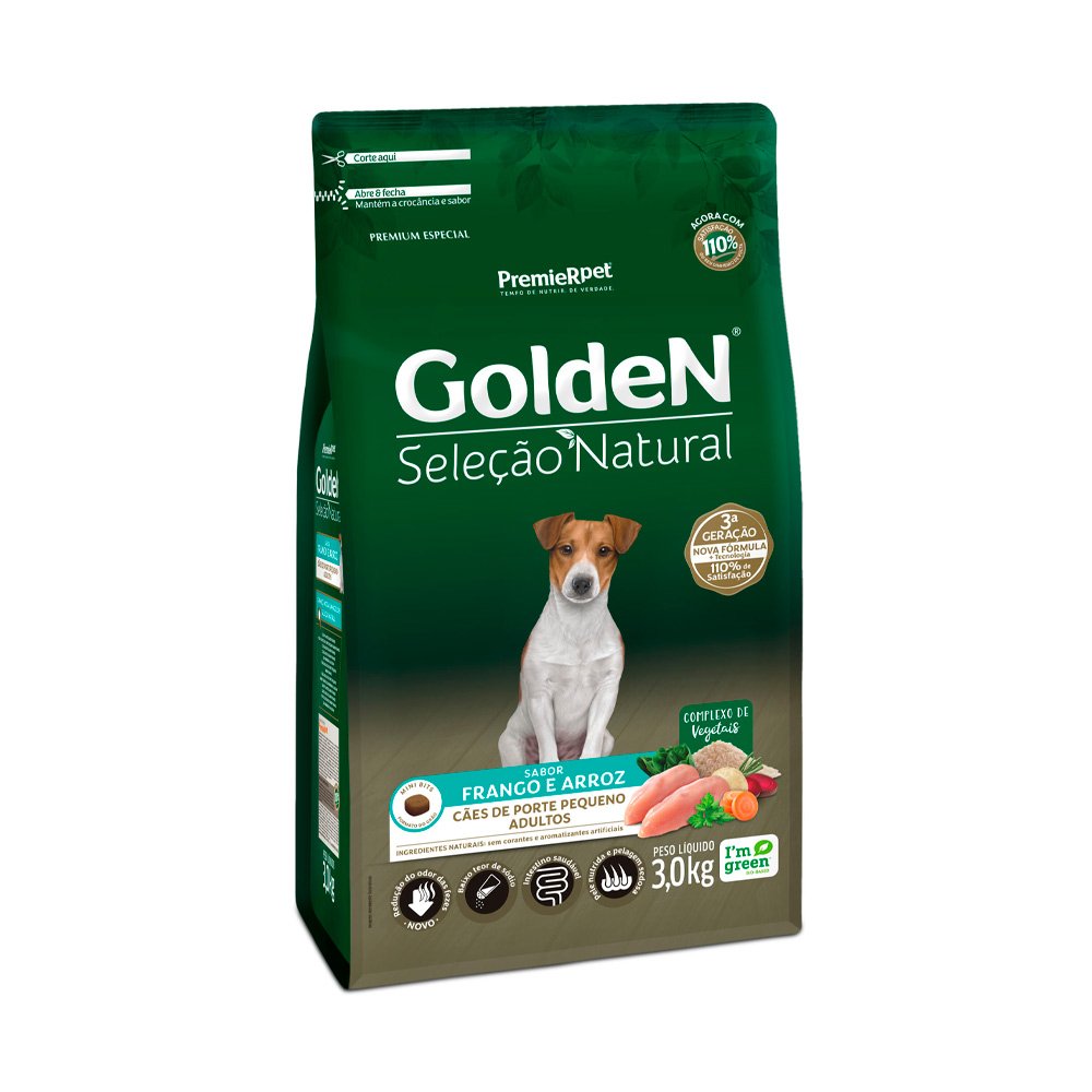 Ração Golden Seleção Natural Mini Bits para Cães Adultos de Porte Pequeno Frango e Arroz, 3kg