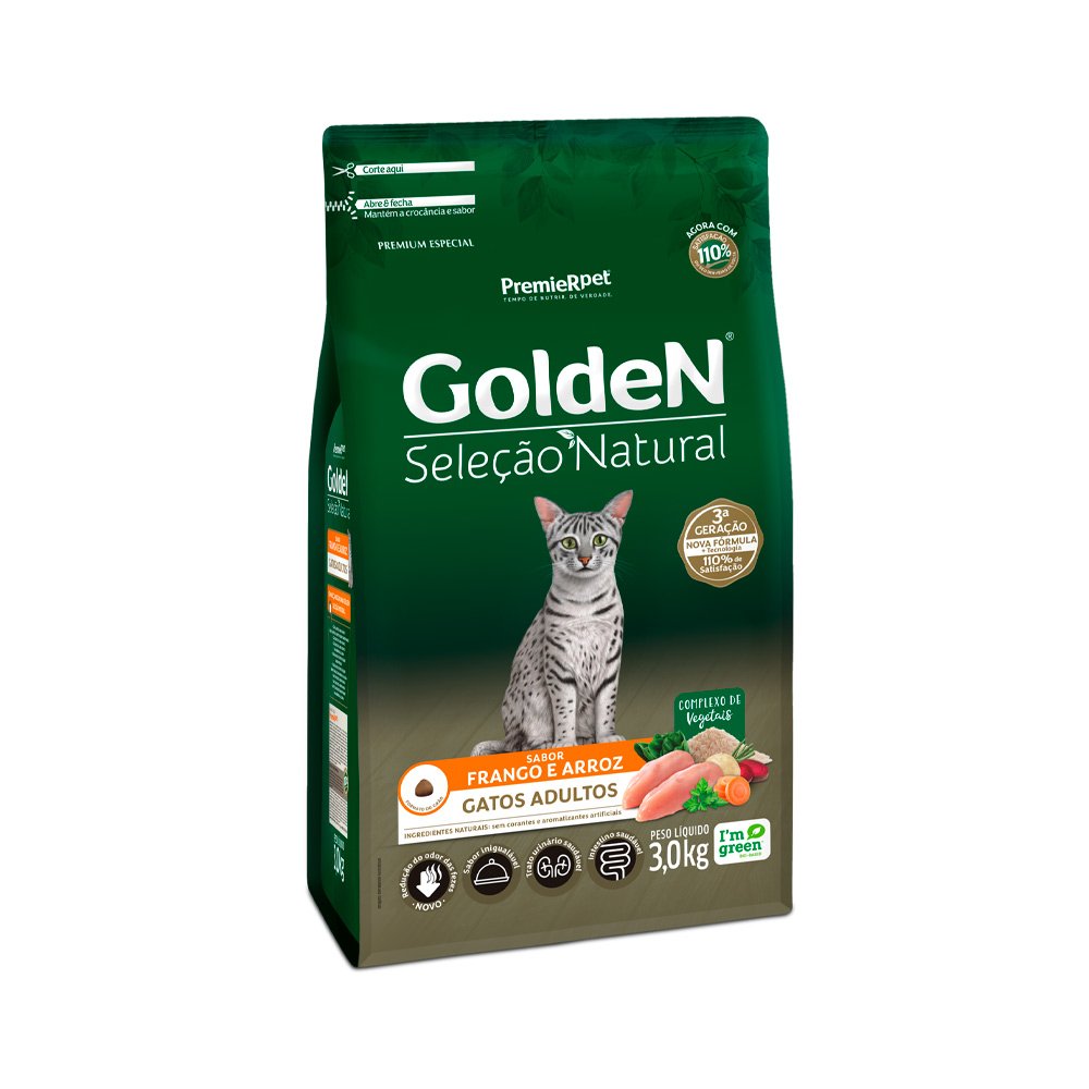 Ração Golden Seleção Natural para Gatos Adultos Frango e Arroz, 3kg