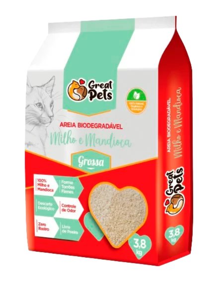 Areia Higiênica Great Pets Biodegradável Milho e Mandioca Grossa 3,8 kg