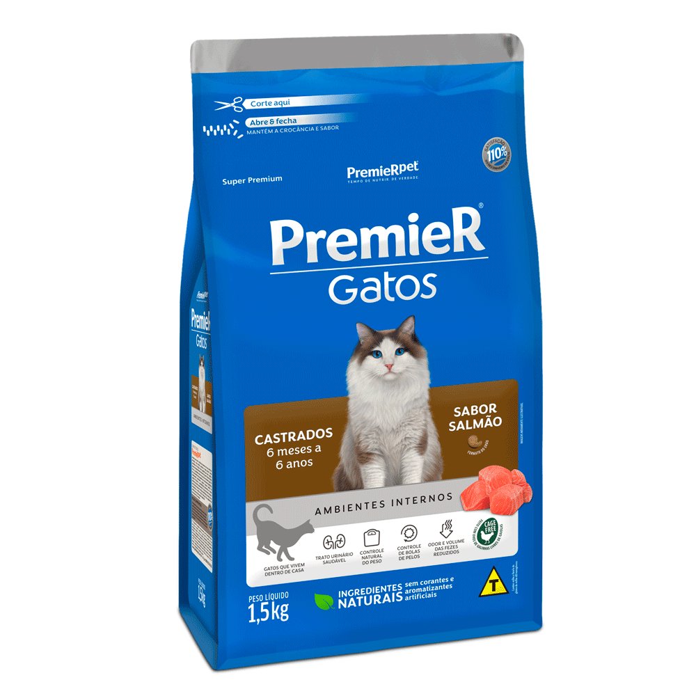 Ração PremieR Gatos Ambientes Internos Castrados 6 Meses a 6 Anos Salmão, 7,5kg