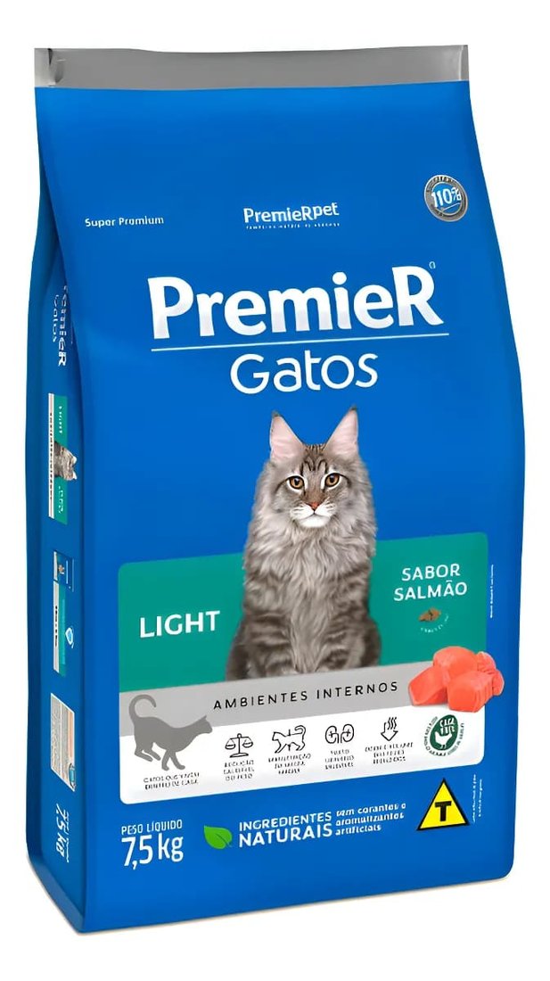 Ração PremieR Gatos Ambientes Internos Adultos Light Salmão 7,5kg