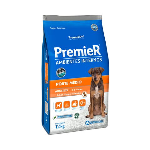 Ração PremieR Ambientes Internos Cães Adultos Porte Médio Frango, 12kg