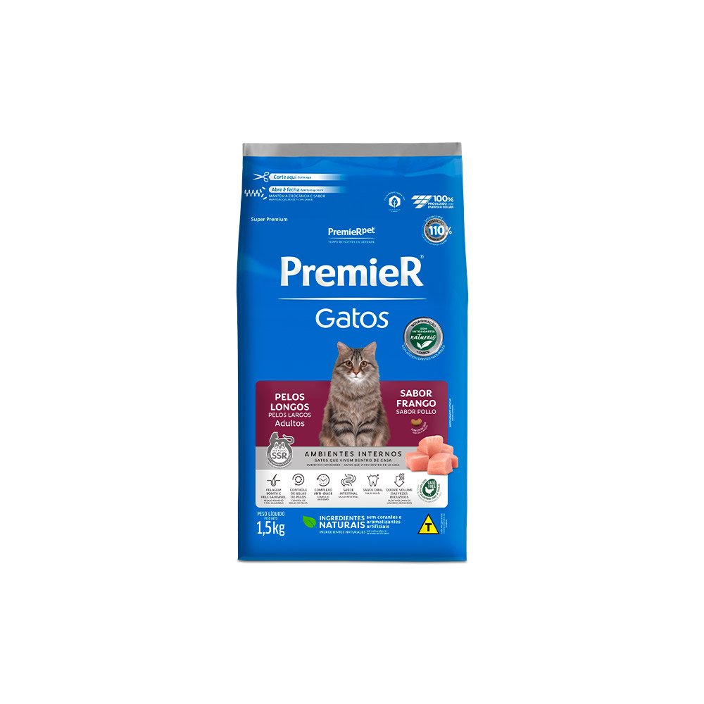 Ração PremieR Gatos Ambientes Internos Pelos Longos Adultos Frango, 1,5kg