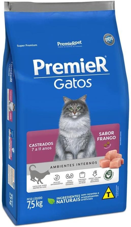 Premier Ambientes Internos Gatos Castrados 7 a 11 Anos Frango 7,5kg