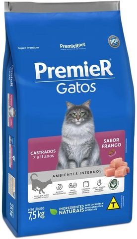 Premier Ambientes Internos Gatos Castrados 7 a 11 Anos Frango 7,5kg