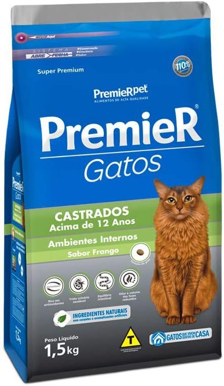 Premier Ambientes Internos Gatos Castrados +12 Frango 1,5kg
