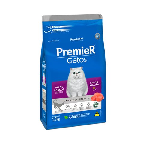 Ração Premier Ambientes Internos Pelos Longos para Gatos Filhotes Sabor Salmão 1,5kg