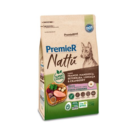 Ração PremieR Nattu para Cães Adultos Sênior de Porte Pequeno Frango e Mandioquinha, 2,5kg