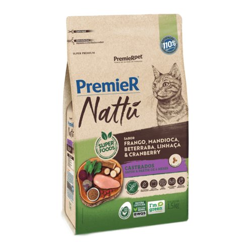 Ração Premier Nattu para Gatos Adultos Castrados Sabor Mandioca 1,5kg
