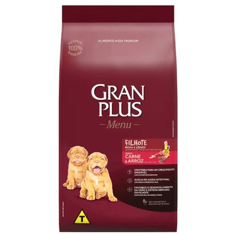 Ração GranPlus Menu para Cães Filhotes de Raças Médias e Grandes Sabor Carne e Arroz 10,1kg