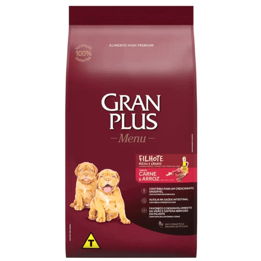 Gran Plus Menu Cães Filhotes Med E Gran Carne Arroz 3kg