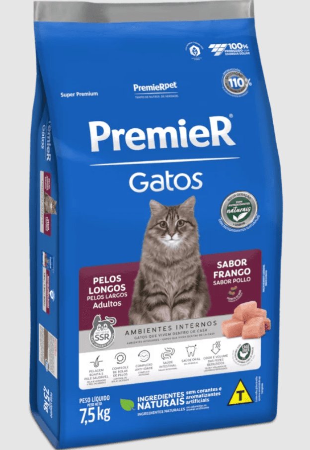 Ração PremieR Gatos Ambientes Internos Pelos Longos Adultos Frango, 7,5kg