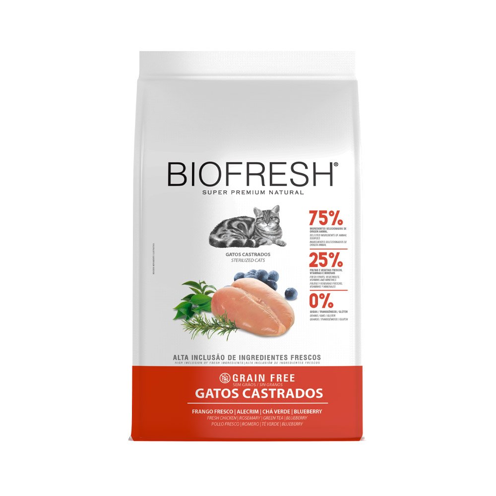 Ração Biofresh para Gatos Castrados Sabor Frango, Alecrim, Chá Verde e Blueberry 400gr